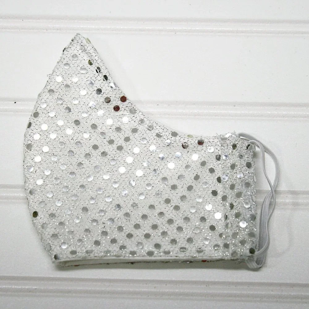 HAND CRAFTED Face Mask Silver Confetti Dot Sequin - Adult - Shield Style - Picture 3 of 14